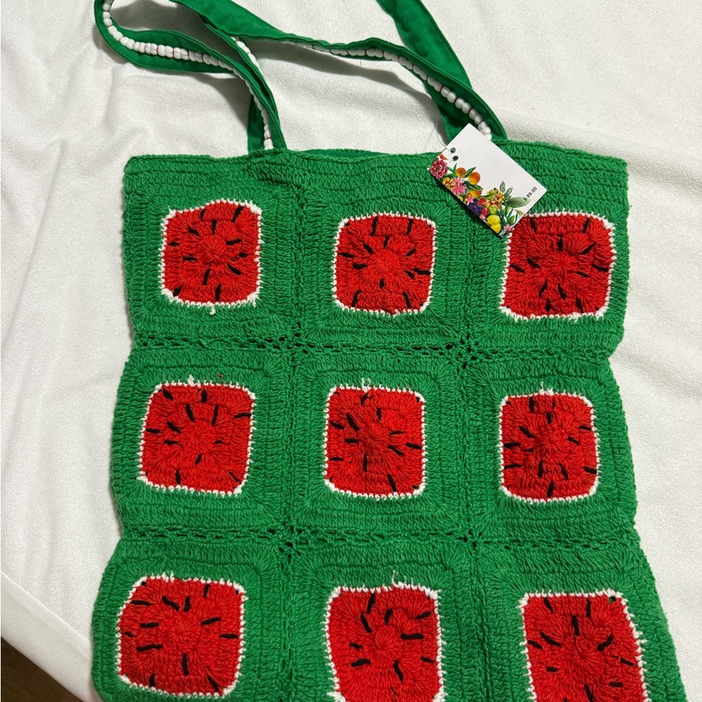Green and Red Crochet Tote Bag